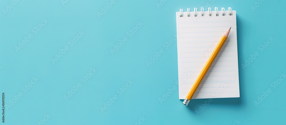 Poster a notepad with a pencil on a blue backdrop, creating a charming composition with copy space image.
