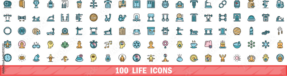 Wall mural 100 life icons set. color line set of life vector icons thin line color flat on white - Wall murals