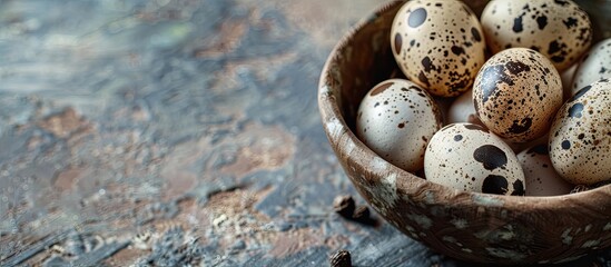 Obraz premium Raw quail eggs in a bowl with a food background and copy space image in a close-up view.