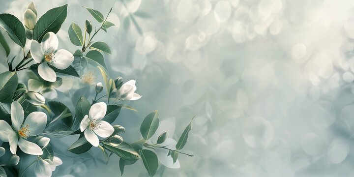 Fototapeta Delicate white blossoms on a serene background. Ideal for nature, tranquility, and relaxation themes in print and digital projects. Great for backgrounds, advertisements, and websites