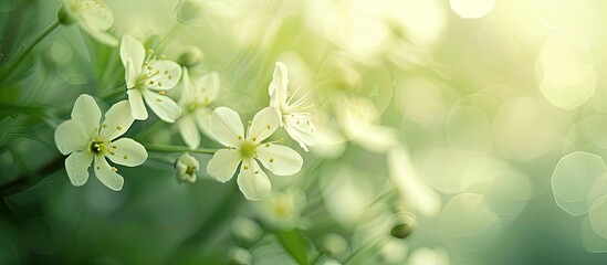 Macro image of small, charming white blooms against a blurred green backdrop. Soft hues, selective focus, with room for text. Copy space image. Place for adding text and design