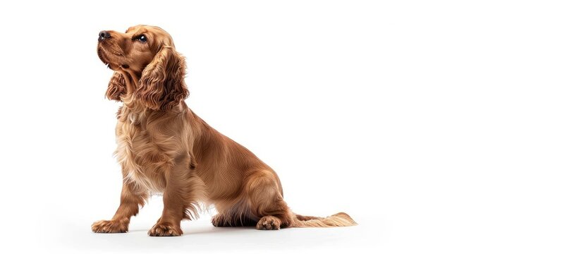 A one-year-old male English Cocker Spaniel dog is seen standing sideways against a white background in an image with ample copy space.