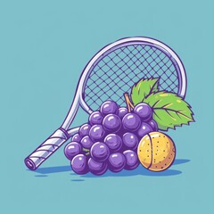 A tennis racket, grapes, and a tennis ball are arranged on a light blue background.  The illustration is in a cartoon style.