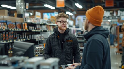 Two Caucasian men, one in a jacket and beanie, discussing products in a hardware store.
