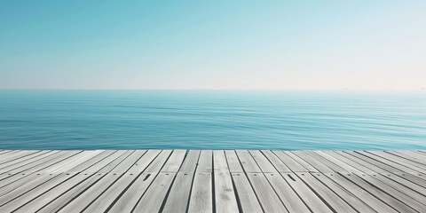 Tranquil ocean view from wooden pier. A serene background image conveying calmness and tranquility. Ideal for promoting relaxation, travel, and wellness in marketing or editorial content.