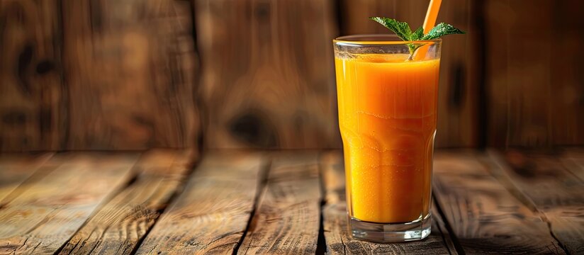 A glass of refreshing mango Harumanis juice on a wooden background with clear focus and room for text or images. Copy space image. Place for adding text and design