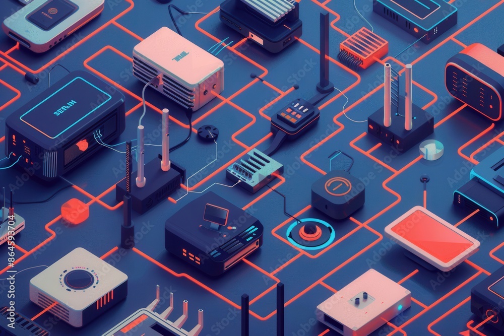 Fototapete An isometric illustration showcasing various network devices, including routers, modems, and smart home gadgets, all interconnected by abstract lines symbolizing data flow. Generative AI
