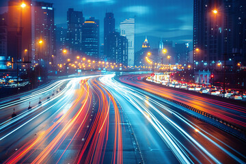 High speed urban traffic on a city highway during evening rush hour, car headlights and busy night transportation motion blur light effect.