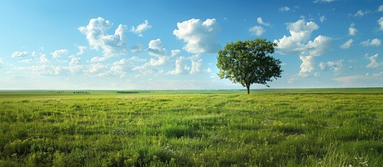 Fototapeta premium Prairies are vast expanses of flat land covered in grass, with few trees, creating a serene and open environment ideal for a copy space image.