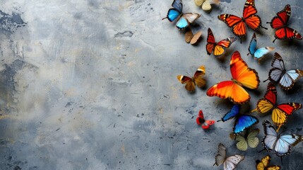 Colorful butterflies against concrete wall with space for text Banner layout