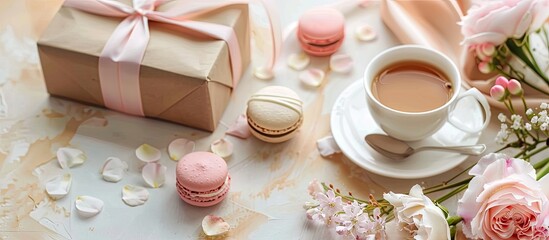 Sweet and romantic composition featuring cake macarons, a gift box, tea, coffee, cappuccino, and flowers, suitable for a morning breakfast or gift presentation with copy space image.