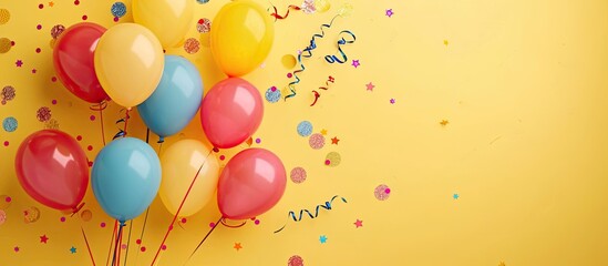 Top view of a birthday-themed arrangement with bright balloons and party decor on a yellow background, with empty space for adding an image. Copy space image. Place for adding text and design