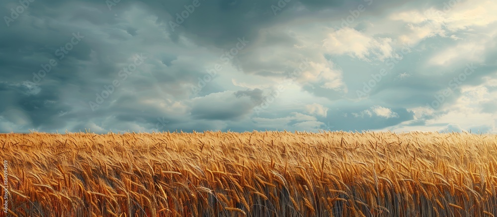 Sticker Cereal harvest spikes growing in an autumn field with a cloudy sky providing a picturesque copy space image.