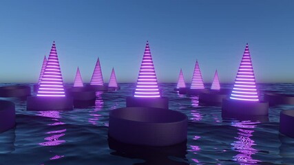 Rapidly rotating cones with neon lights rise and fall in turn in the water. Creative Stock Video. Spin motion. Surreal bizarre geometric shapes in sea. Horizontal 3d animation. Repeat seamless loop - Powered by Adobe