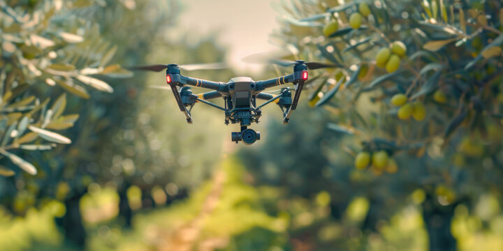 Drone checking and observing olive trees, Smart technologies in agriculture 