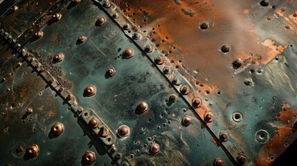 Antique airplane wing fragment with weathered bolts on scratched fuselage