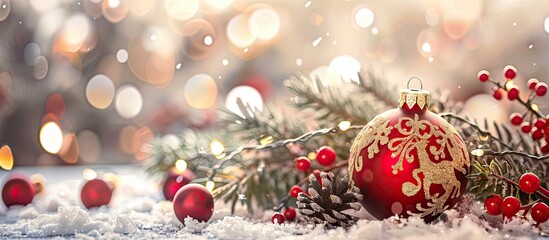 Fototapeta premium Festive holiday decorations and ornaments displayed on a Christmas-themed background with a beautifully arranged New Year motif and selective focus, perfect for a copy space image.