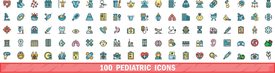 100 pediatric icons set. Color line set of pediatric vector icons thin line color flat on white