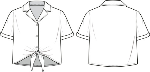Women's Knot Hem, Button-up Short Sleeve Shirt. Shirt technical fashion illustration. Flat apparel shirt template front and back, white color. Women's CAD mock-up.