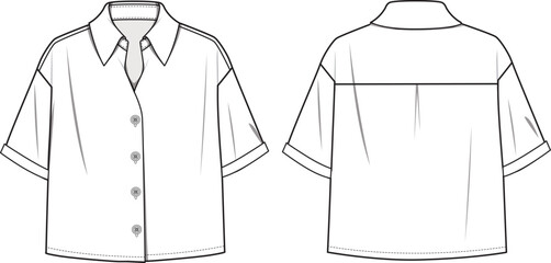 Women's Turn-up Short Sleeve Oversize Shirt. Technical fashion illustration. Front and back, white color. Women's CAD mock-up.