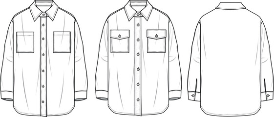 Women's Oversized Shirt- Technical fashion illustration. Front and back, white color. Women's CAD mock-up.