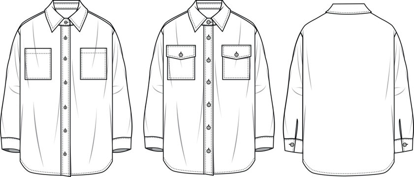 Women's Oversized Shirt- Technical fashion illustration. Front and back, white color. Women's CAD mock-up.