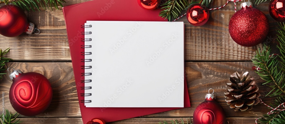 Sticker Top view Christmas-themed setting with a white notebook amidst festive ornaments, suitable for a Santa letter or shopping list, featuring ample copy space image.