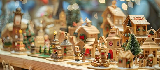 Craftsmen's fair displaying a variety of beautifully crafted handmade toys for Christmas and New Year with copy space image.