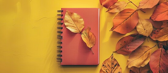 Autumn-themed flat lay composition with pretty dried leaves and a notebook displayed on a yellow background, creating a seasonal ambiance with copy space image.
