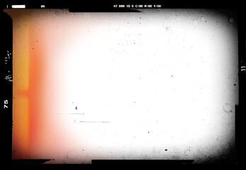 Vintage slide film frame of an old camera with phot lens wignette, dusts, scratches, splatters and...