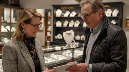 Elderly Caucasian couple consulting with a salesperson over a digital device in a jewelry store. a jeweler discussing the history and value of vintage earrings with a collector