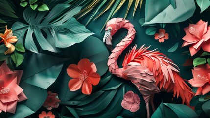 Flamingo and tropical flowers form a 3D origami image, inspiring a masculine, arty fashion print without the 3D effect.