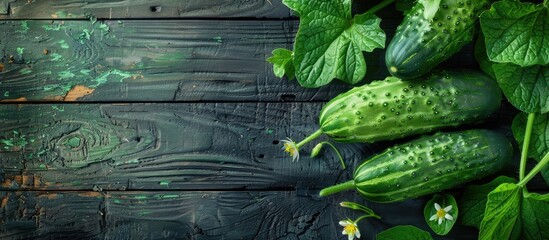 A fresh cucumber is placed on a rustic wooden surface for display. The vegetable is known for its low calorie content and high nutritional value, making it ideal for weight management. Green leaves
