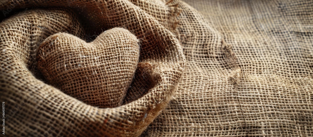 Wall mural burlap background displaying a textile heart in copy space image.