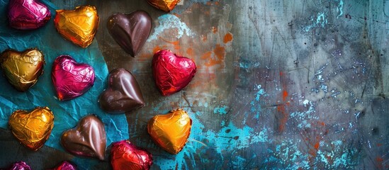 Heart-shaped homemade chocolate candies wrapped in vibrant paper for Diwali, Christmas, or Valentine's Day, accompanied by a copy space image for greetings.