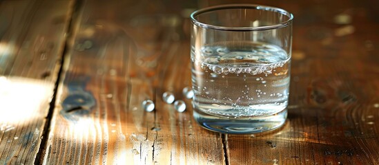 Effervescent tablet dissolving in a glass of water on a wooden table with copy space image.