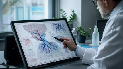 In a cozy corner of the lab, a researcher uses a digital pen on a touchscreen, unraveling brain mysteries.