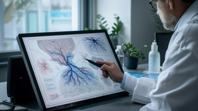 In a cozy corner of the lab, a researcher uses a digital pen on a touchscreen, unraveling brain mysteries.