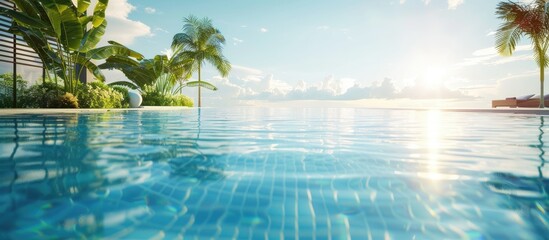 Inviting blue swimming pool perfect for enjoying in the sunshine, ideal for recreation or relaxation, with available copy space image.