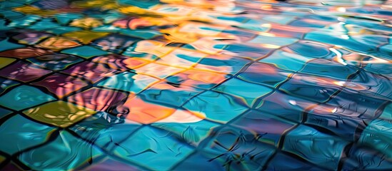 Naklejka premium Reflection of swimming pool tiles on the surface creates a mesmerizing copy space image.