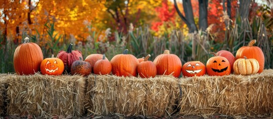 Hay bales with Halloween and Thanksgiving-themed pumpkins create a festive copy space image.