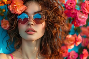 Fototapeta premium Closeup Portrait of Woman With Curly Brown Hair Wearing Sunglasses Amidst Pink Flowers. Generative AI
