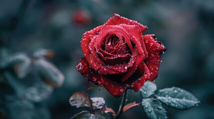 A close-up of a single red rose covered in morning dew