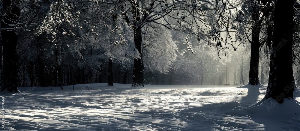 Poster Snow with dark shadows contrasting on top, creating a picturesque scene with plenty of copy space image.