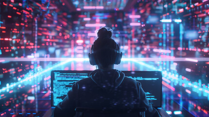  female hacker sitting in front of her computer, surrounded by glowing data streams and code lines, with holographic screens displaying visuals in the style of cyberpunk.