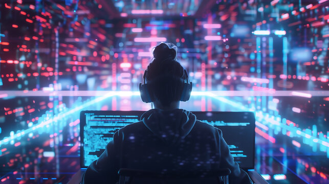  female hacker sitting in front of her computer, surrounded by glowing data streams and code lines, with holographic screens displaying visuals in the style of cyberpunk.