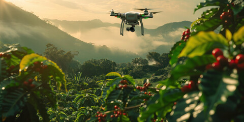 Fototapeta premium Drone checking and observing coffee trees, Smart technologies in agriculture 