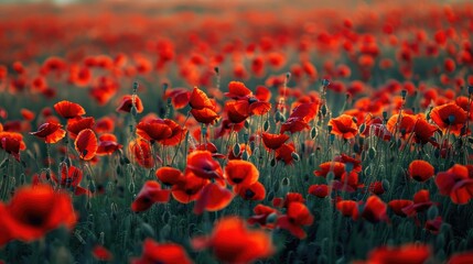 Obraz premium A field of bright red poppies swaying in the wind