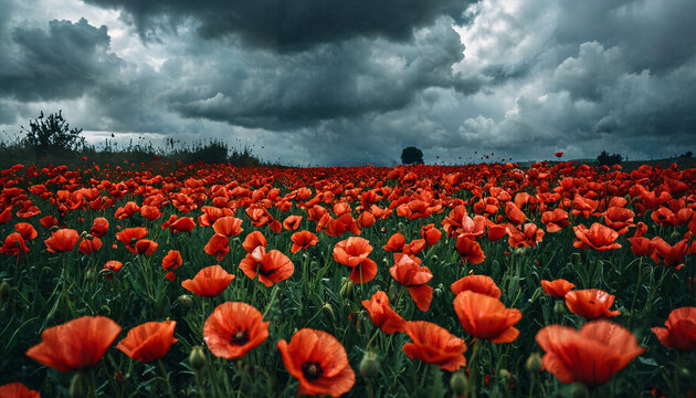 Champ de coquelicots sous un ciel orageux