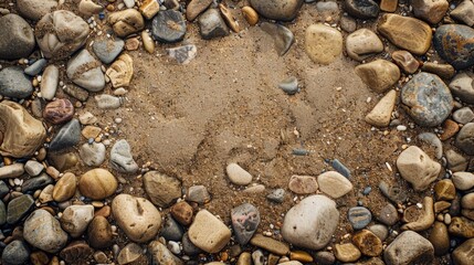 Sandy beach with pebbles Brown texture with stones Summer theme Top view with empty space